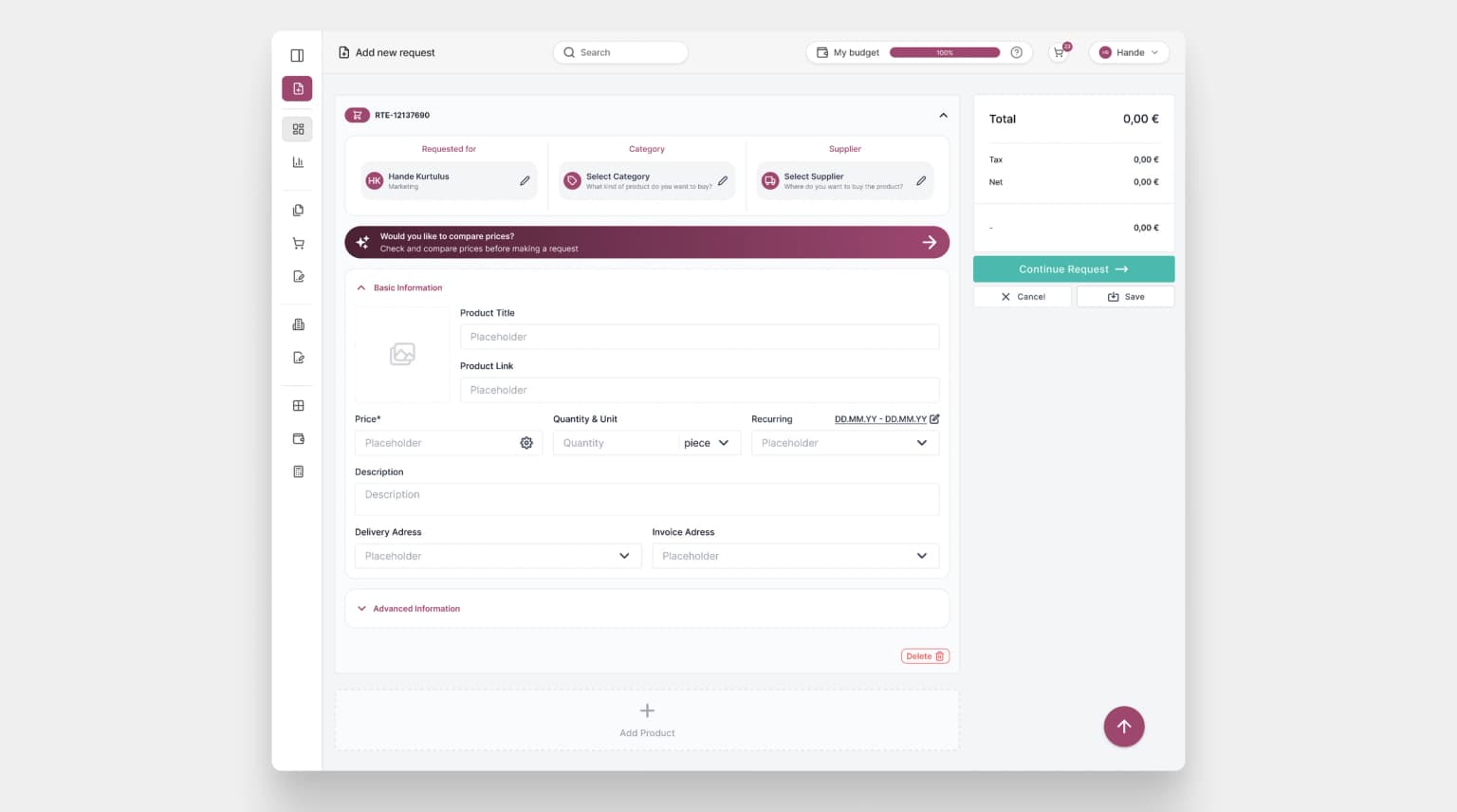 Redesigned request creation form — single page layout